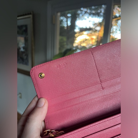 Prada Pink Saffiano Long Wallet with Generic Gold Crossbody Chain - Picture 11 of 16